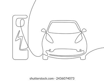 Vector electric car concept. Single line draw graphic illustration.
