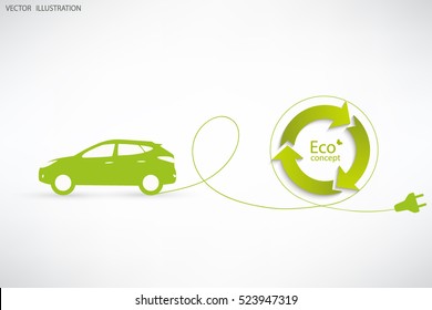 Vector electric car green and light background icon. Recycling symbol. Environmentally friendly world. Vector illustration of ecology the concept of info graphics modern design. Ecological concepts.