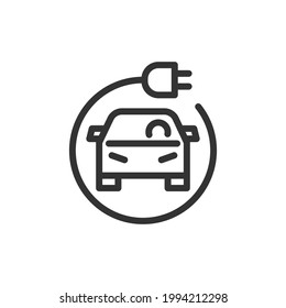 Icono de la línea de auto eléctrico del vector. Símbolo con estilo de contorno de moda. Ilustración vectorial aislada en un fondo blanco. 
