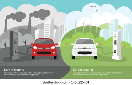 Vector Electric cars and gasoline cars. Electric car charging at refueling power station on the background of the big city. Flat style vector illustration. 