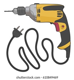 Vector electric drill yellow. Realistic drill with cord and plug.