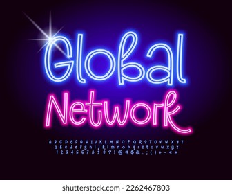 Vector electric emblem Global Network with glowing handwritten Font. Set of Blue Neon Alphabet Letters, Numbers and Symbols