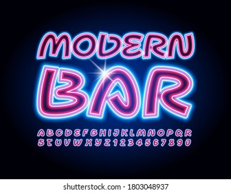 Vector electric emblem Modern Bar.  Bright Neon Font. Creative Glowing Alphabet Letters and Numbers