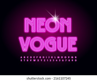 Vector electric emblem Neon Vogue. Light tube Font. Maze style Alphabet Letters and Numbers set