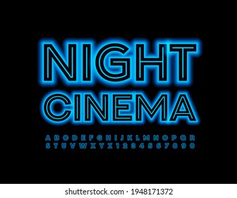 Vector electric Emblem Night Cinema. Blue Neon Font. Glowing Alphabet Letters and Numbers