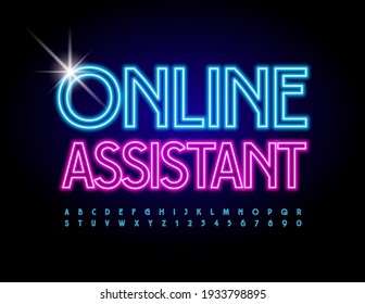 Vector electric emblem Online Assistant. Glowing light Font. Blue Neon Alphabet Letters and Numbers set