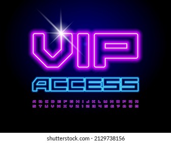 Vector Electric Emblem Vip Access. Purple Neon Font. Glowing Led Alphabet Letters And Numbers Set