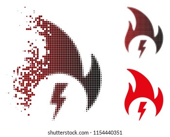 Vector electric fire icon in dispersed, pixelated halftone and undamaged whole versions. Disintegration effect uses rectangular particles and horizontal gradient from red to black.