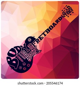 Vector electric guitar graphic parts scheme made of letters on modern triangle background