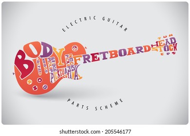 Vector electric guitar graphic parts scheme made of letters on light background