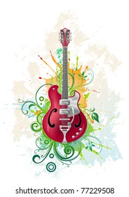 Vector electric guitar on a grunge floral background