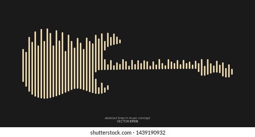 Vector electric guitar shape by equalizer strip line pattern gold color isolated on black background. In concept of music.