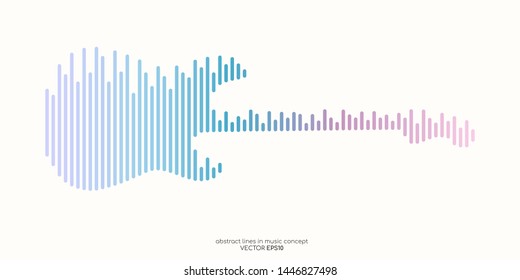 Vector electric guitar shape by equalizer strip line pattern pink blue pastel color isolated on white background. In concept of music.