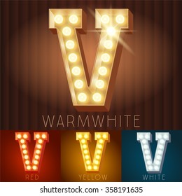 Vector electric light up lamp alphabet in hard font. Letter V