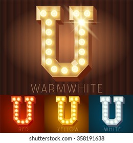 Vector electric light up lamp alphabet in hard font. Letter U