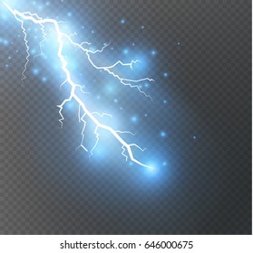 Vector electric lightning bolt. Energy effect. Bright light flare and sparks on transparent background. 