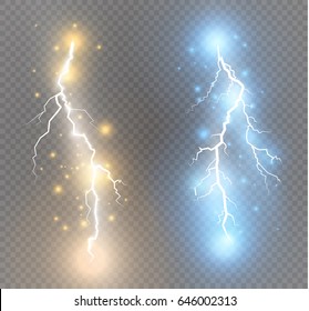 Vector electric lightning bolt. Energy effect. Bright light flare and sparks on transparent background. 