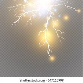 Vector electric lightning bolt. Energy effect. Bright light flare and sparks on transparent background.