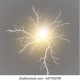 Vector electric lightning bolt. Energy effect. Bright light flare and sparks on transparent background.