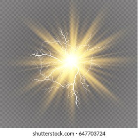 Vector electric lightning bolt. Energy effect. Bright light flare and sparks on transparent background.