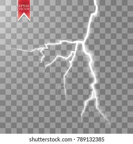 Vector electric lightning bolt. Energy effect. Bright light flare and sparks on transparent background. EPS 10.
