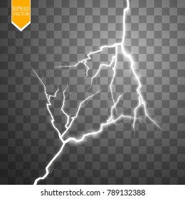 Vector electric lightning bolt. Energy effect. Bright light flare and sparks on transparent background. EPS 10.