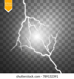 Vector electric lightning bolt. Energy effect. Bright light flare and sparks on transparent background. EPS 10.
