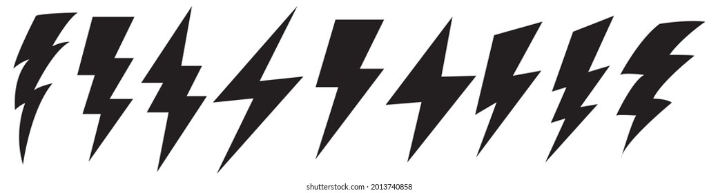 Vector electric lightning bolt logo set isolated on white background for electric power symbol, poster, t shirt. Thunder icon. Storm pictogram. Flash light sign