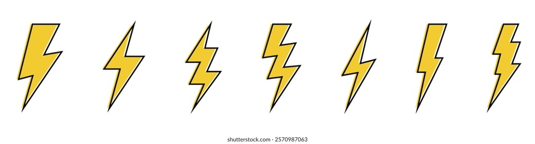 Vector electric lightning bolt logo set isolated on white background for electric power symbol, poster, t shirt. Thunder icon. Storm pictogram.	