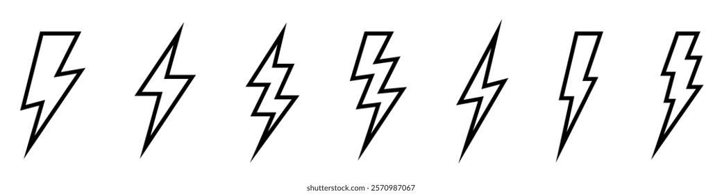 Vector electric lightning bolt logo set isolated on white background for electric power symbol, poster, t shirt. Thunder icon. Storm pictogram.	