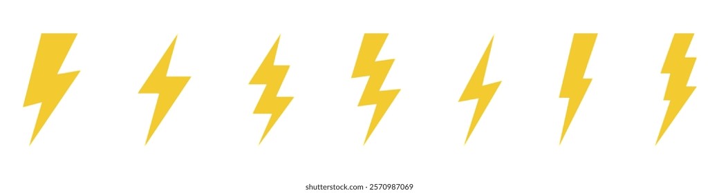 Vector electric lightning bolt logo set isolated on white background for electric power symbol, poster, t shirt. Thunder icon. Storm pictogram.	