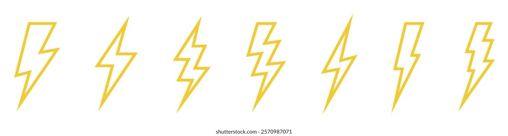 Vector electric lightning bolt logo set isolated on white background for electric power symbol, poster, t shirt. Thunder icon. Storm pictogram.	