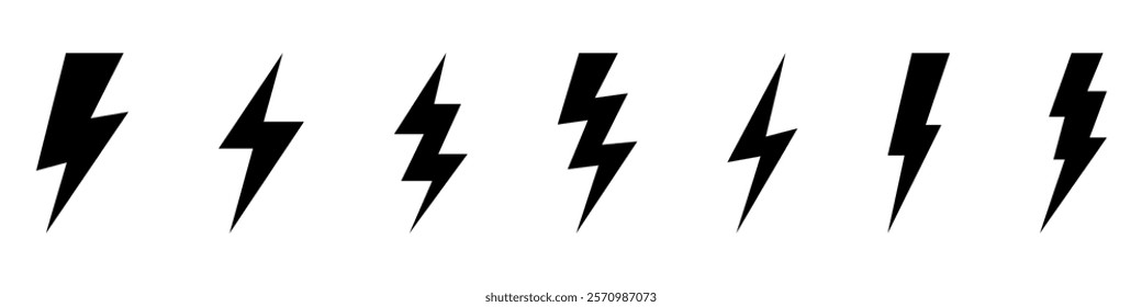 Vector electric lightning bolt logo set isolated on white background for electric power symbol, poster, t shirt. Thunder icon. Storm pictogram.	