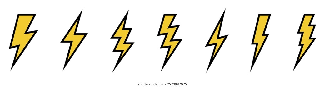 Vector electric lightning bolt logo set isolated on white background for electric power symbol, poster, t shirt. Thunder icon. Storm pictogram.	