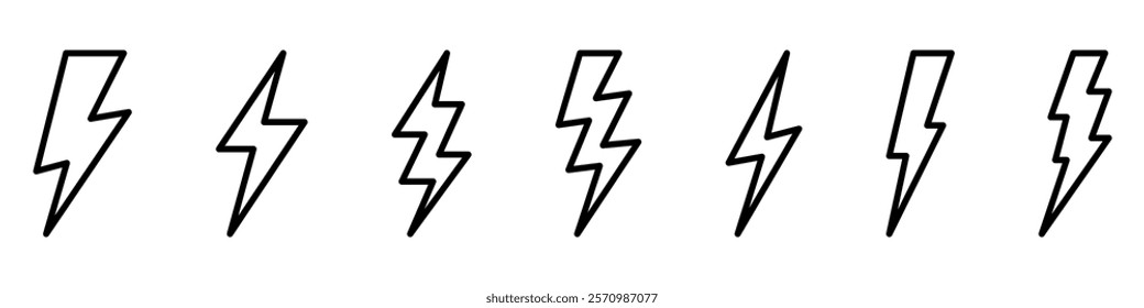 Vector electric lightning bolt logo set isolated on white background for electric power symbol, poster, t shirt. Thunder icon. Storm pictogram.	