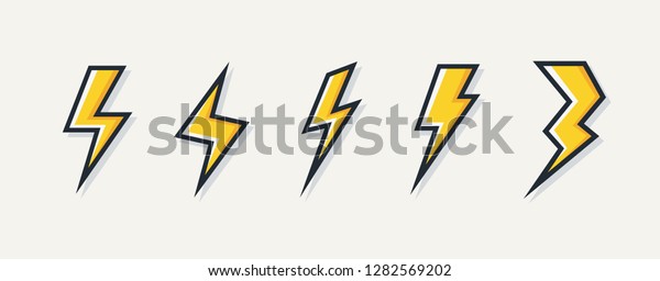 Vector electric\
lightning bolt logo set isolated on white background for electric\
power symbol, poster, t shirt. Thunder icon. Storm pictogram. Flash\
light sign. 10 eps