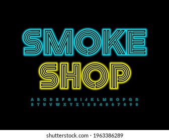 Vector electric logo Smoke Shop. Maze style Font. Blue glowing Alphabet Letters and Numbers set