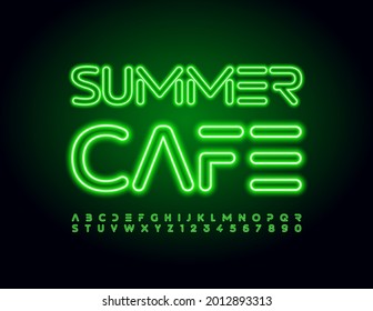 Vector electric logo Summer Cafe. Techno style Font. Abstract green neon Alphabet Letters and Numbers