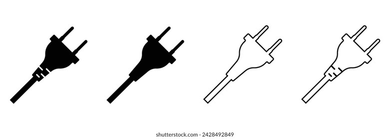 Vector enchufe eléctrico conjunto de iconos planos. El estilo de pictografía vectorial es un símbolo plano cable de enchufe eléctrico icono negro sobre un fondo blanco. Pictograma de glifo simple.