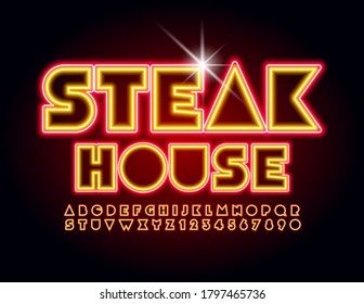 Vector Electric Poster Steak House. Abstract Bright Font. Neon Glowing Alphabet Letters And Numbers