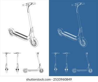 vector electric scooter modern eco friendly vehicles line art draw blueprint from all view top corner side back isolated in transparent background 