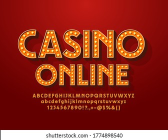 Vector electric sign Casino Online. Vintage Elegance Font. Lamp retro Alphabet Letters and Numbers