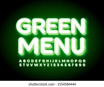 Señal eléctrica vectorial Menú Verde con fuente iluminada. Letras y números del alfabeto neón