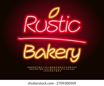 Vector Electric signboard Rustic Bakery. Yellow Glowing Font. Led Light Alphabet Letters and Numbers set.