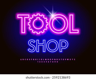 Vector Electric signboard Work Shop. Elegant Glowing Font. Neon Cool Alphabet Letters and Numbers set.