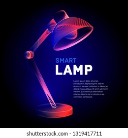 Vector electric table lamp or desk light bulb contour silhouette with abstract 3d geometry lines texture and outline gradient waves vintage modern trendy graphic design illustration on dark background