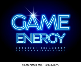 Vector electric template Game Energy, Blue glowing Font. Neon Alphabet Letters and Numbers set