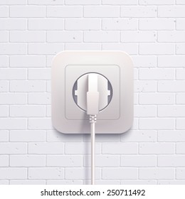 Vector electric white socket plug on the brick wall.