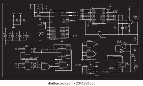 Vektorstromkreis. 
Ein komplexes großes Schaltbild eines elektronischen Gerätes, das in Betrieb ist 
unter der Kontrolle eines Mikrocontrollers.