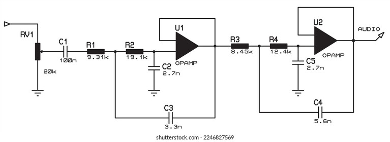 Vector electrical circuit of an electronic analog device with operational amplifier. 
Electrical schematic diagram.